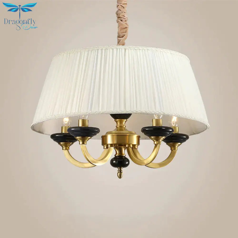 5 - Bulb Drum Chandelier Countryside White Finish Fabric Pendant Lamp With Curved Arm