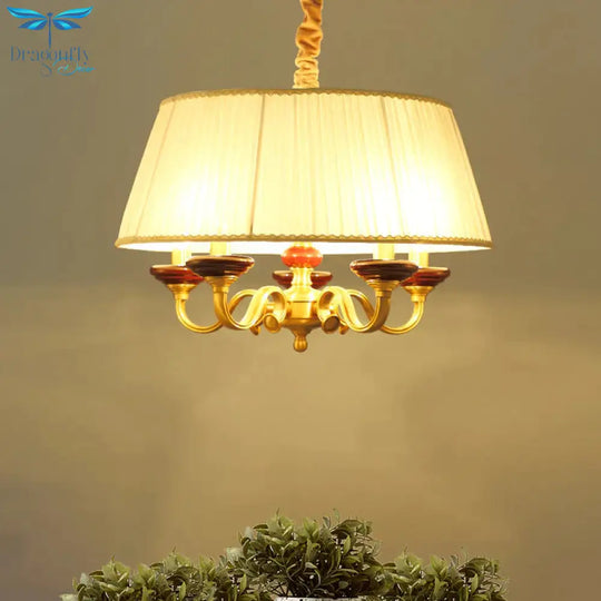 5 - Bulb Drum Chandelier Countryside White Finish Fabric Pendant Lamp With Curved Arm