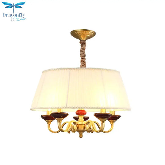5 - Bulb Drum Chandelier Countryside White Finish Fabric Pendant Lamp With Curved Arm