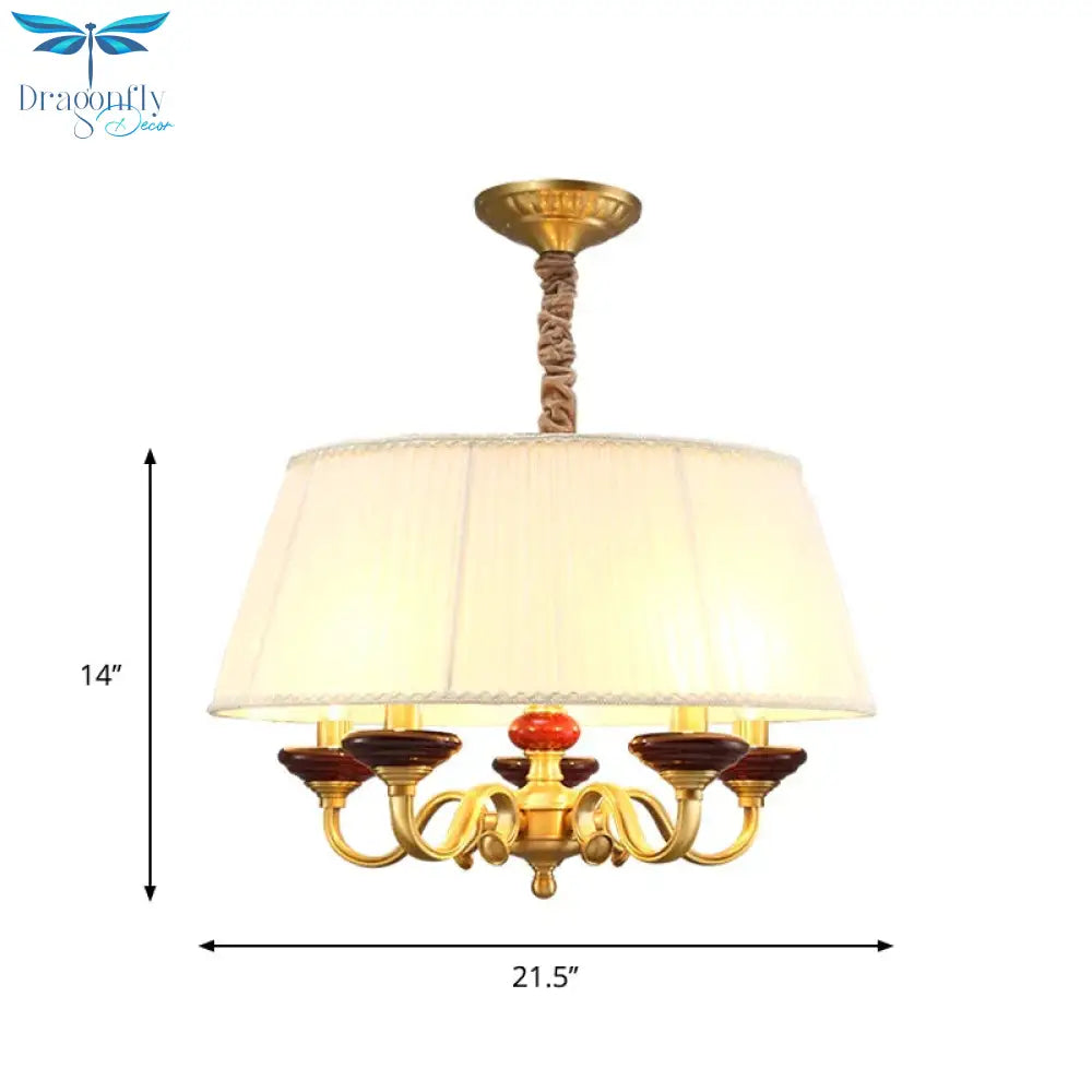 5 - Bulb Drum Chandelier Countryside White Finish Fabric Pendant Lamp With Curved Arm