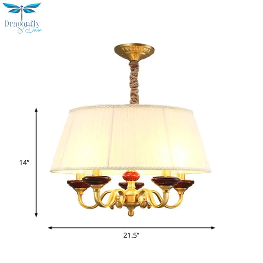 5 - Bulb Drum Chandelier Countryside White Finish Fabric Pendant Lamp With Curved Arm