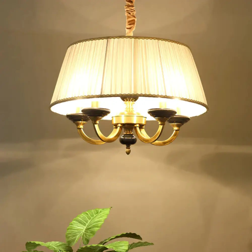 5 - Bulb Drum Chandelier Countryside White Finish Fabric Pendant Lamp With Curved Arm / B