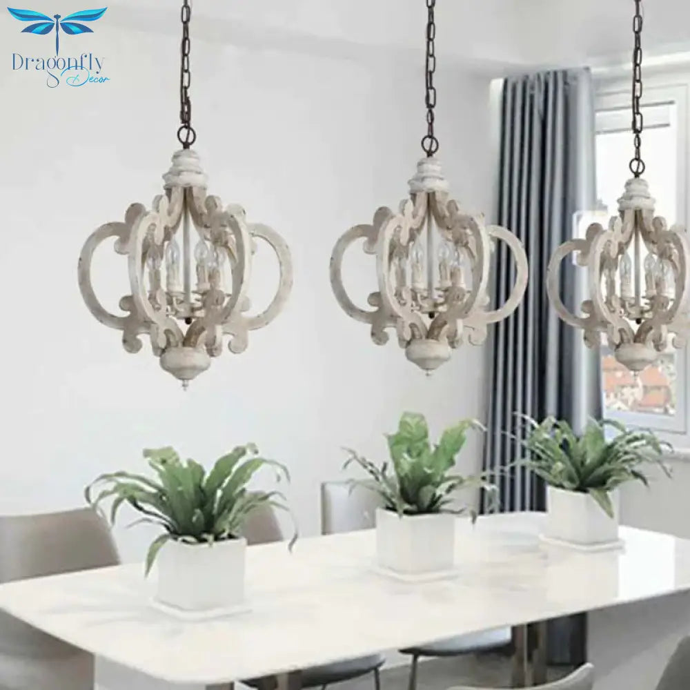 5 Bulbs Circle Ceiling Chandelier Traditional Wood Suspended Lighting Fixture In White
