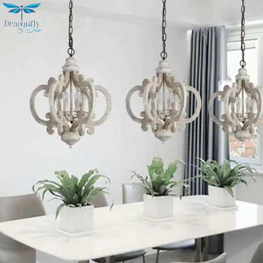 5 Bulbs Circle Ceiling Chandelier Traditional Wood Suspended Lighting Fixture In White