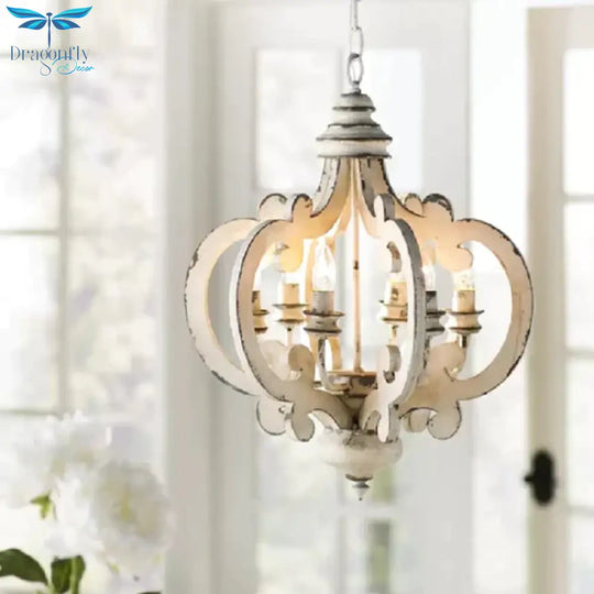 5 Bulbs Circle Ceiling Chandelier Traditional Wood Suspended Lighting Fixture In White