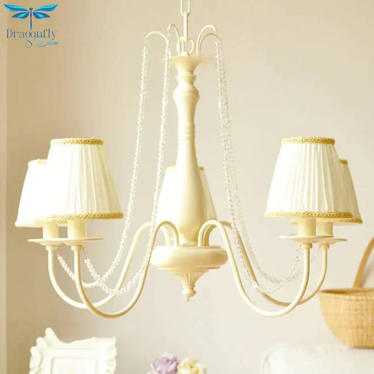 5 Bulbs Crystal Chandelier Pleated Shade Brown/White Living Room Pendant Lighting Fixture