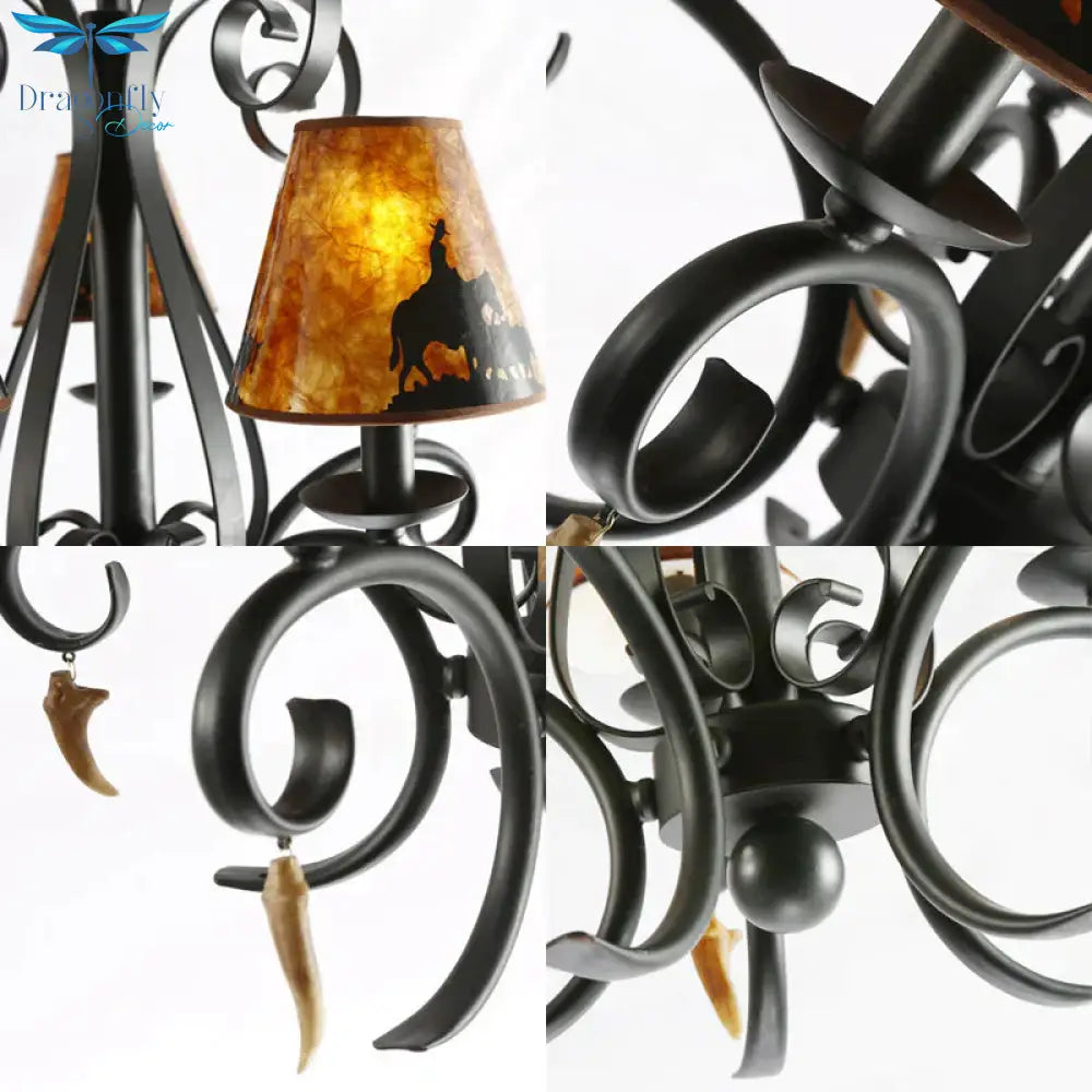 5 Bulbs Dining Room Ceiling Lamp Country Metal Black Chandelier Pendant Light With Cone Fabric Shade