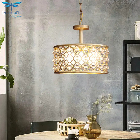 5 Bulbs Drum Chandelier Light Traditional Brass Metal Pendant Lighting Fixture With Clear Crystal