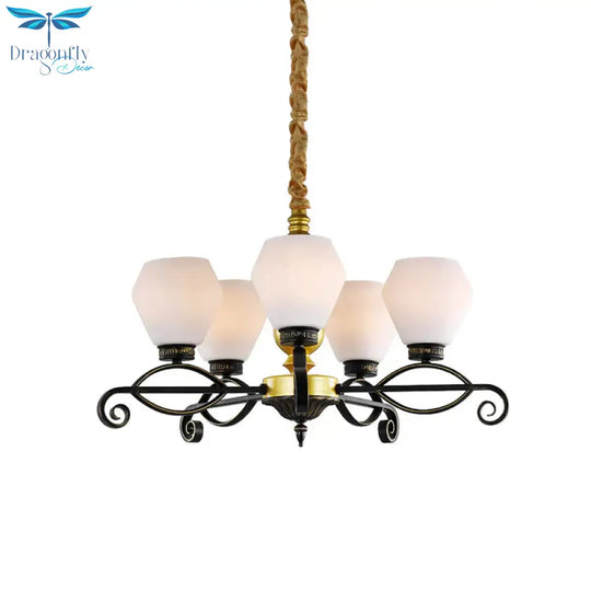 5 - Head Opal Glass Chandelier Light Antique Black Hexagon Living Room Hanging Lamp
