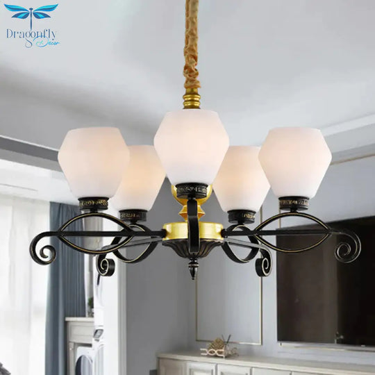5 - Head Opal Glass Chandelier Light Antique Black Hexagon Living Room Hanging Lamp
