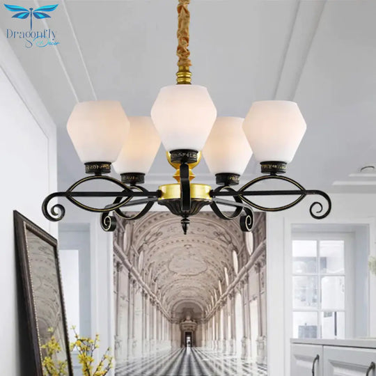 5 - Head Opal Glass Chandelier Light Antique Black Hexagon Living Room Hanging Lamp
