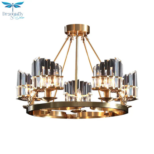 5 Heads Circular Hanging Ceiling Light Modern Gold Tri - Sided Crystal Rod Pendant Chandelier