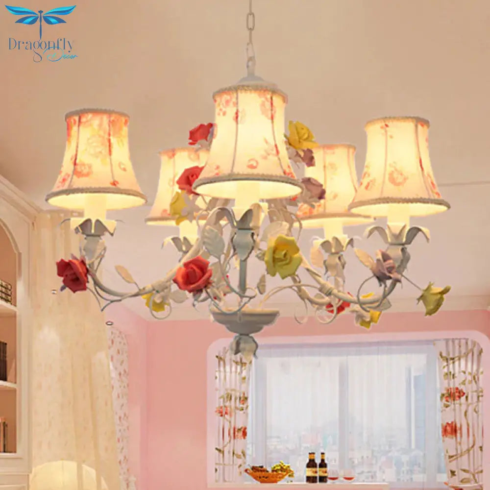 5 Heads Floral Print Fabric Chandelier Countryside White - Red Flared Living Room Hanging Pendant
