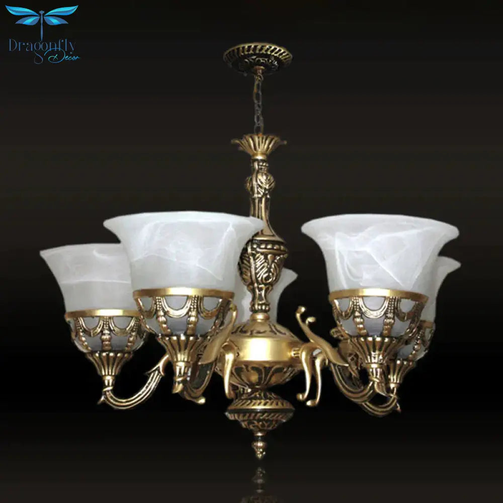 5 Lights Bell Up Chandelier Traditional Bronze Alabaster Glass Hanging Lamp For Dining Room