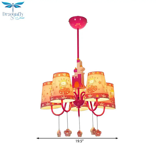 5 Lights Castle Chandelier With Princess Kids Metal Hanging Light In Pink For Girls Bedroom