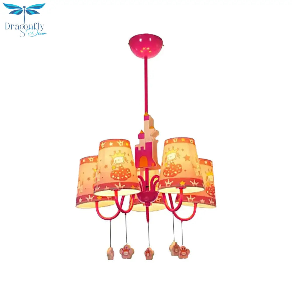 5 Lights Castle Chandelier With Princess Kids Metal Hanging Light In Pink For Girls Bedroom