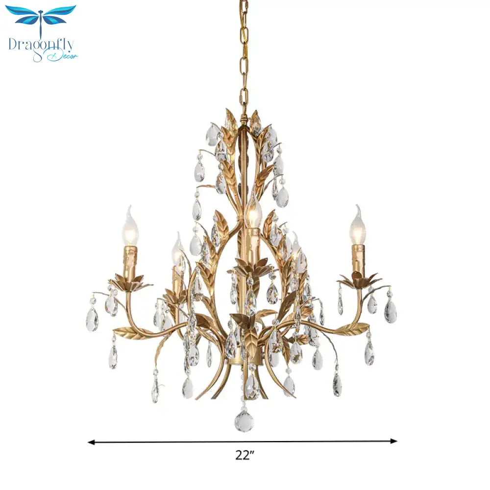 5 Lights Chandelier Rural Candelabra Crystal Pendant Light Fixture In Gold For Living Room