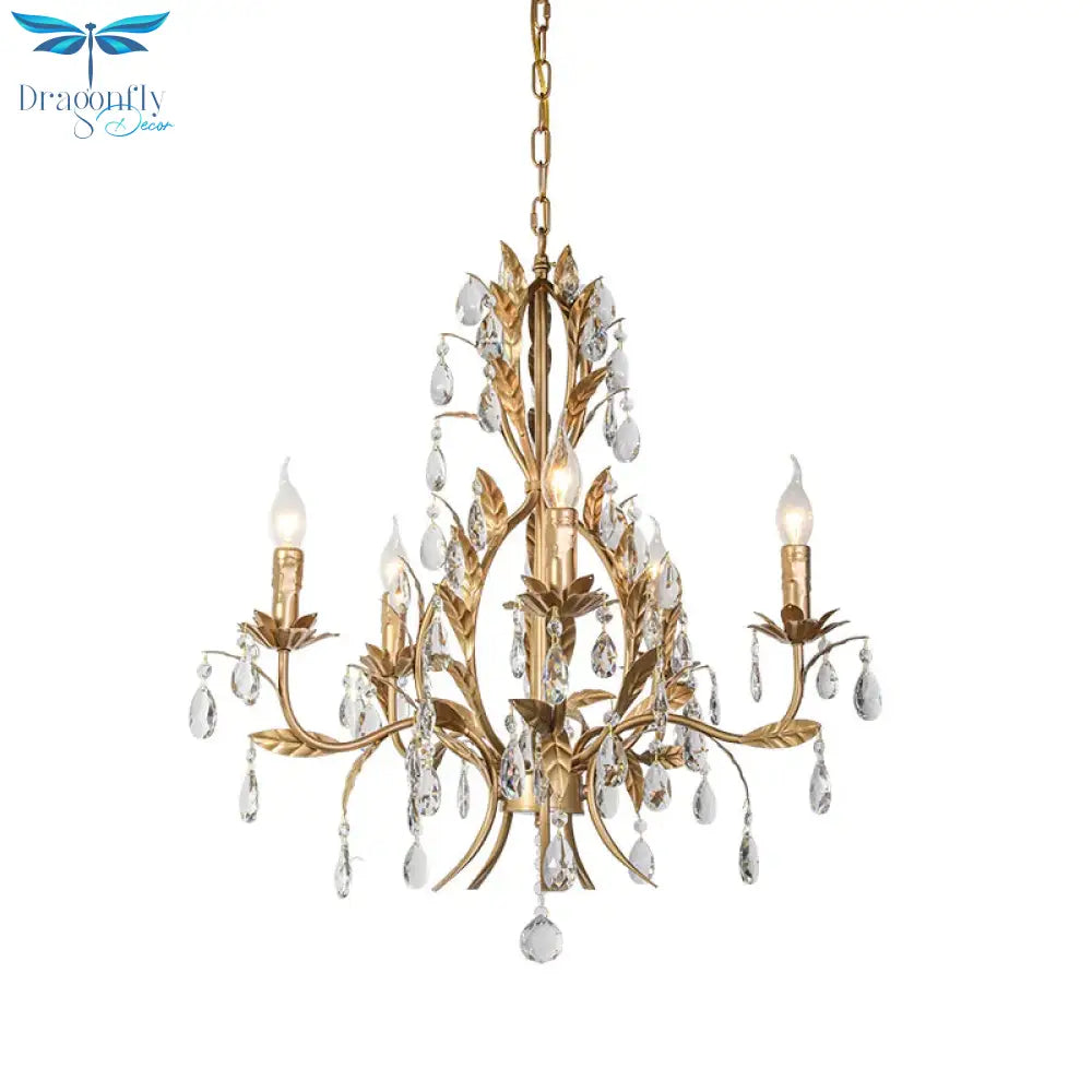 5 Lights Chandelier Rural Candelabra Crystal Pendant Light Fixture In Gold For Living Room