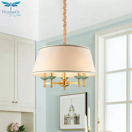 5 Lights Fabric Chandelier Light Fixture Classic White Drum Shade Dining Room Hanging Lamp Kit