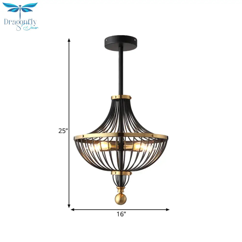 5 Lights Iron Ceiling Basket Cage Chandelier In Vintage Black Finish
