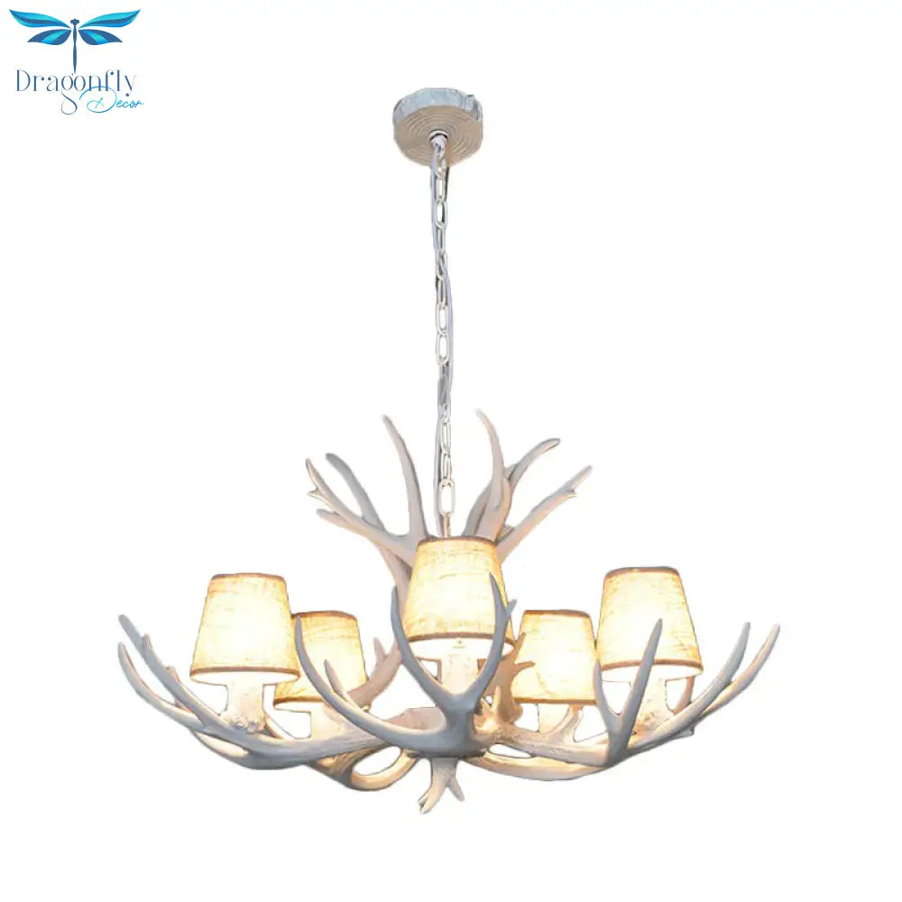 5 Lights Resin Chandelier Lamp Classic White/Brown And Yellow Antler Dining Room Hanging Ceiling
