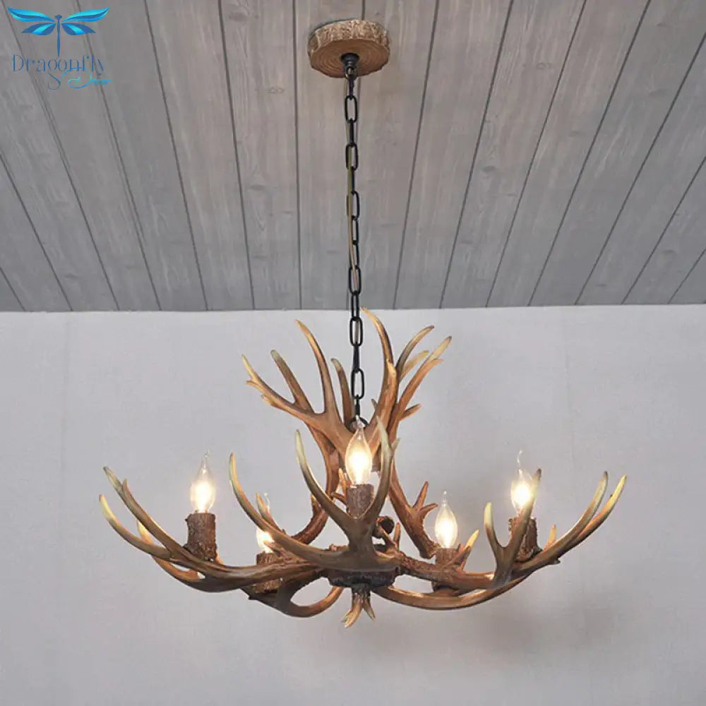 5 Lights Resin Chandelier Lamp Classic White/Brown And Yellow Antler Dining Room Hanging Ceiling
