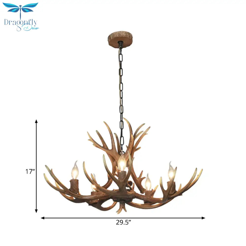 5 Lights Resin Chandelier Lamp Classic White/Brown And Yellow Antler Dining Room Hanging Ceiling