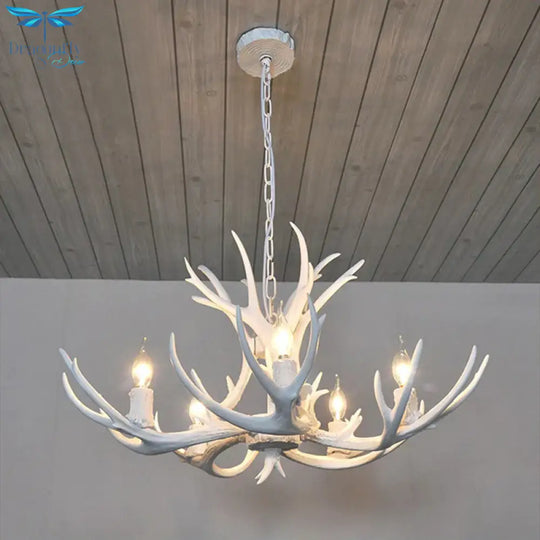 5 Lights Resin Chandelier Lamp Classic White/Brown And Yellow Antler Dining Room Hanging Ceiling