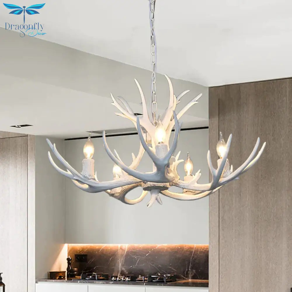 5 Lights Resin Chandelier Lamp Classic White/Brown And Yellow Antler Dining Room Hanging Ceiling