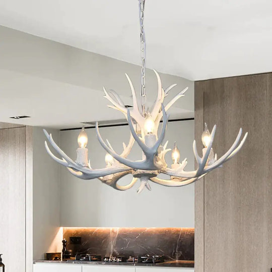 5 Lights Resin Chandelier Lamp Classic White/Brown And Yellow Antler Dining Room Hanging Ceiling