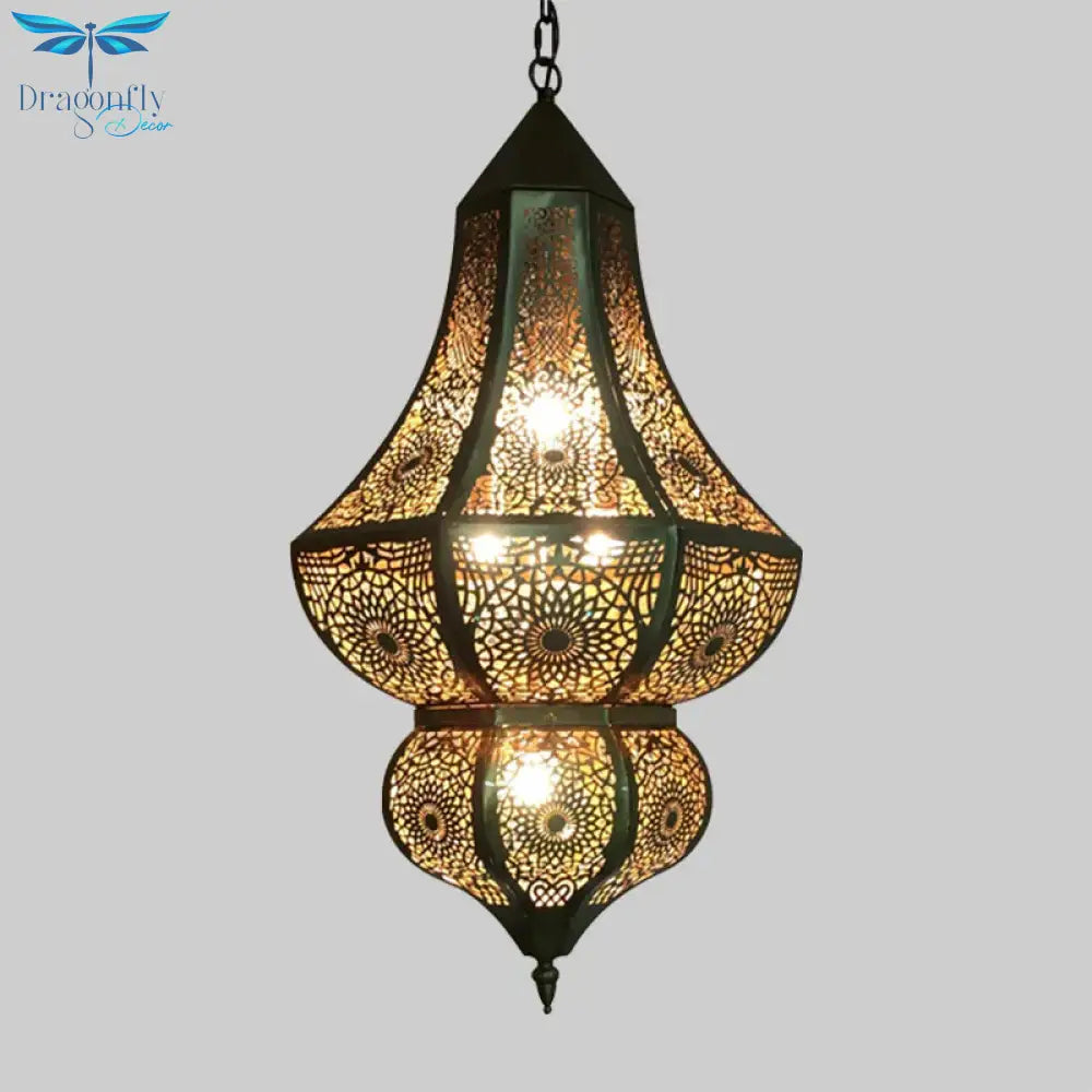 5 Lights Urn Pendant Chandelier Vintage Brass Metal Arab Hanging Lamp With Hollow Out Design