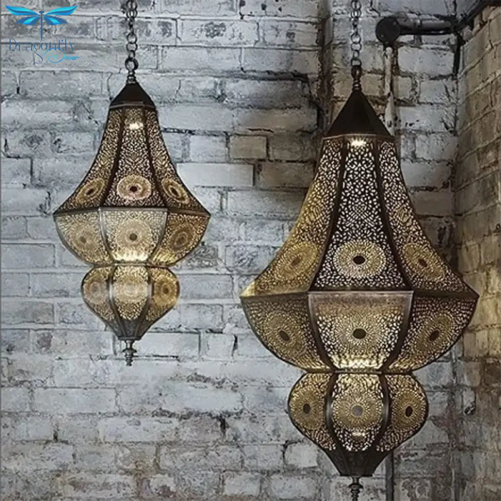 5 Lights Urn Pendant Chandelier Vintage Brass Metal Arab Hanging Lamp With Hollow Out Design