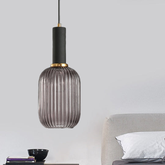 Chloe - Modernist 1 Light Grey/Green/Amber Ribbed Glass Ceiling Pendant Lamp Black / Gray Capsule