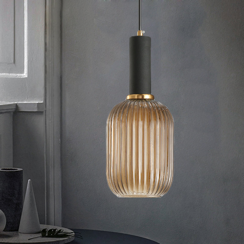 Chloe - Modernist 1 Light Grey/Green/Amber Ribbed Glass Ceiling Pendant Lamp Black / Amber Capsule