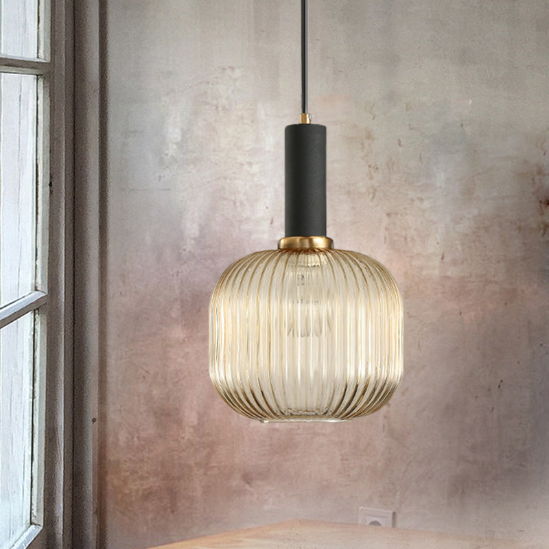 Chloe - Modernist 1 Light Grey/Green/Amber Ribbed Glass Ceiling Pendant Lamp Black / Amber Cylinder