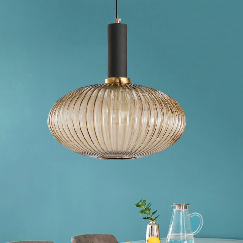 Chloe - Modernist 1 Light Grey/Green/Amber Ribbed Glass Ceiling Pendant Lamp Black / Amber Oval