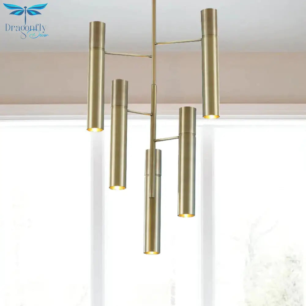 6/10 Heads Hallway Chandelier Lighting With Cylinder Metal Shade Modern Gold Hanging Lamp