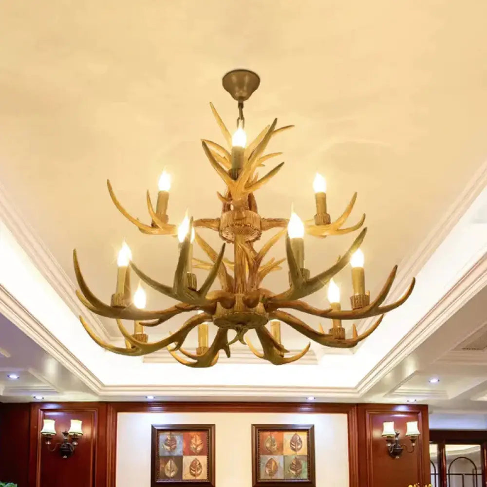 6/8/12 Bulbs Chandelier Lodge 1/2 - Layered Antler Resin Ceiling Suspension Lamp In Brown 12 /