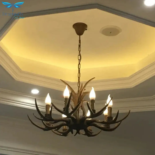 6/8/12 Bulbs Chandelier Lodge 1/2 - Layered Antler Resin Ceiling Suspension Lamp In Brown