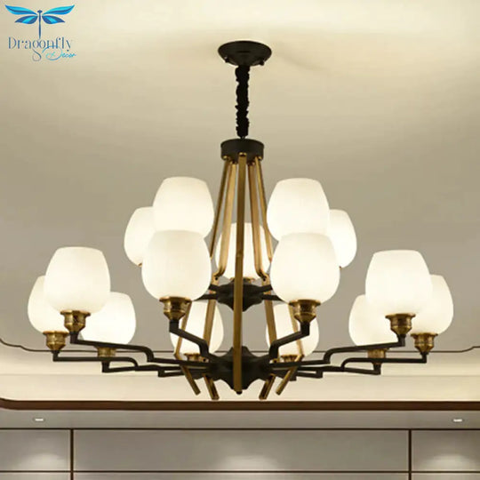 6/8/15 Lights Frosted Glass Pendant Chandelier Traditional Brass Cup Living Room Hanging Ceiling