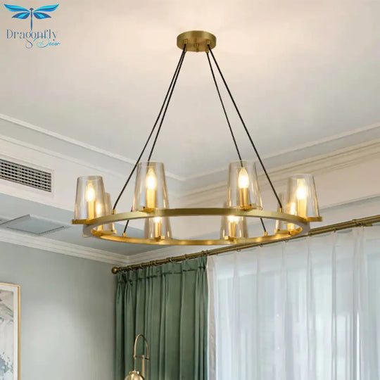 6/8 - Bulb Cone Hanging Chandelier Colonialist Gold Clear Glass Pendant Lighting With Round Design
