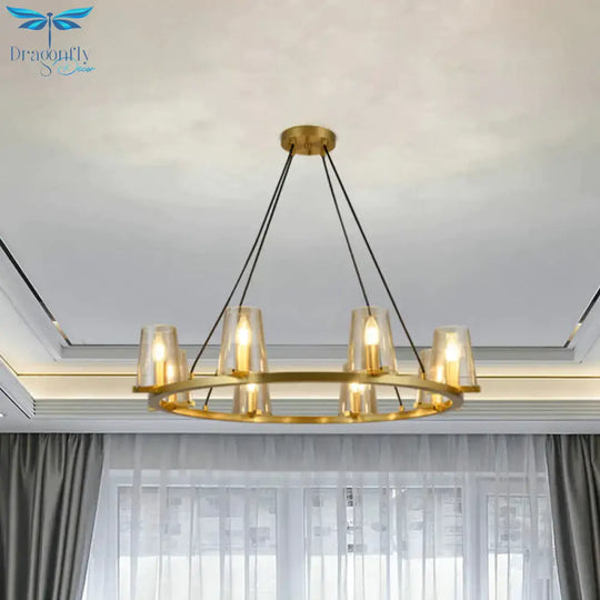 6/8 - Bulb Cone Hanging Chandelier Colonialist Gold Clear Glass Pendant Lighting With Round Design