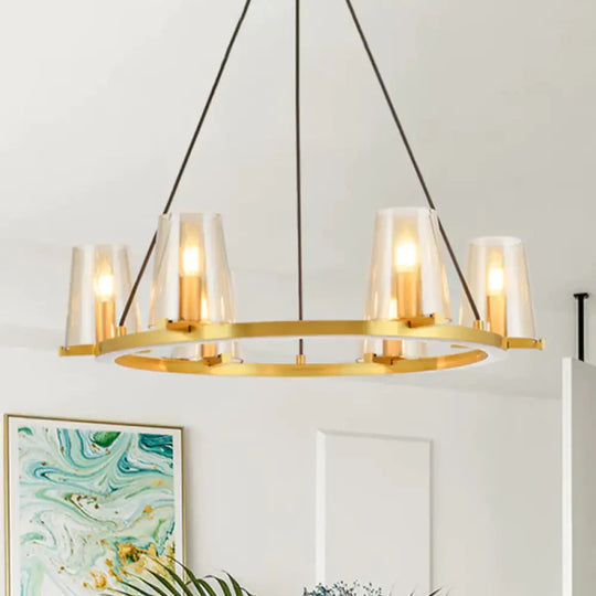 6/8 - Bulb Cone Hanging Chandelier Colonialist Gold Clear Glass Pendant Lighting With Round Design