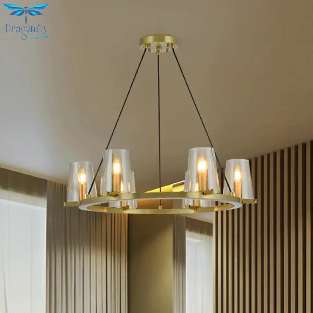6/8 - Bulb Cone Hanging Chandelier Colonialist Gold Clear Glass Pendant Lighting With Round Design