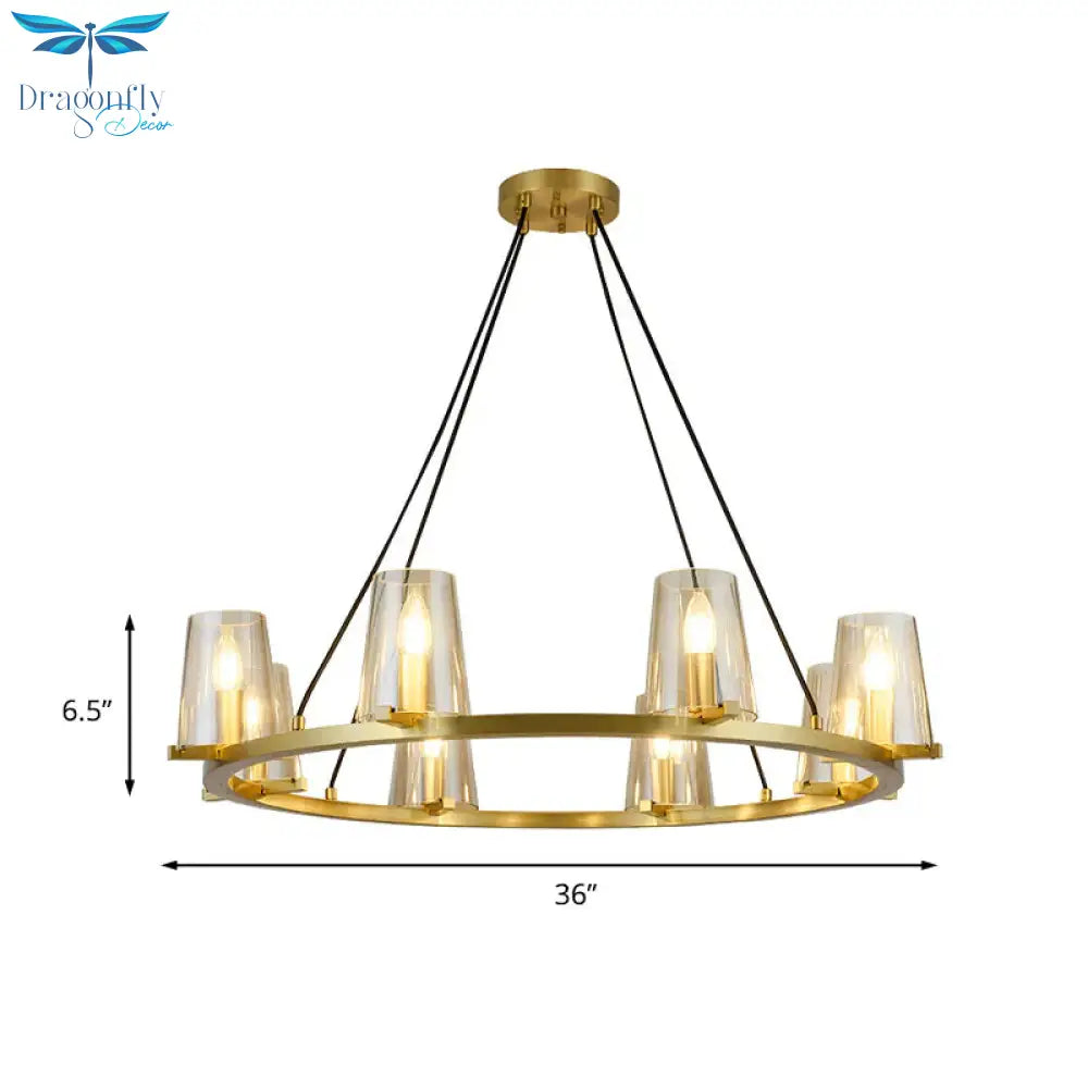 6/8 - Bulb Cone Hanging Chandelier Colonialist Gold Clear Glass Pendant Lighting With Round Design