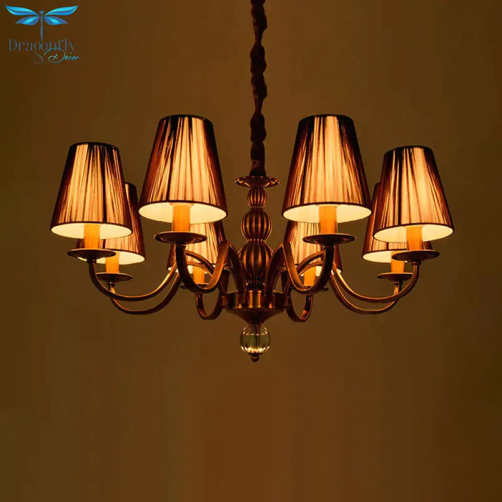 6/8 - Bulb Conical Chandelier Lighting Fixture Traditional Gold Fabric Pendant Lamp With Clear