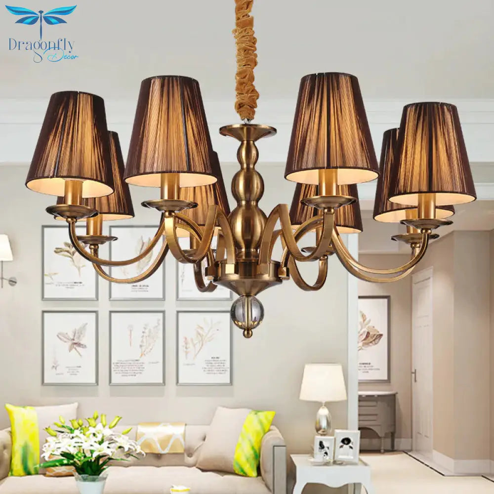 6/8 - Bulb Conical Chandelier Lighting Fixture Traditional Gold Fabric Pendant Lamp With Clear