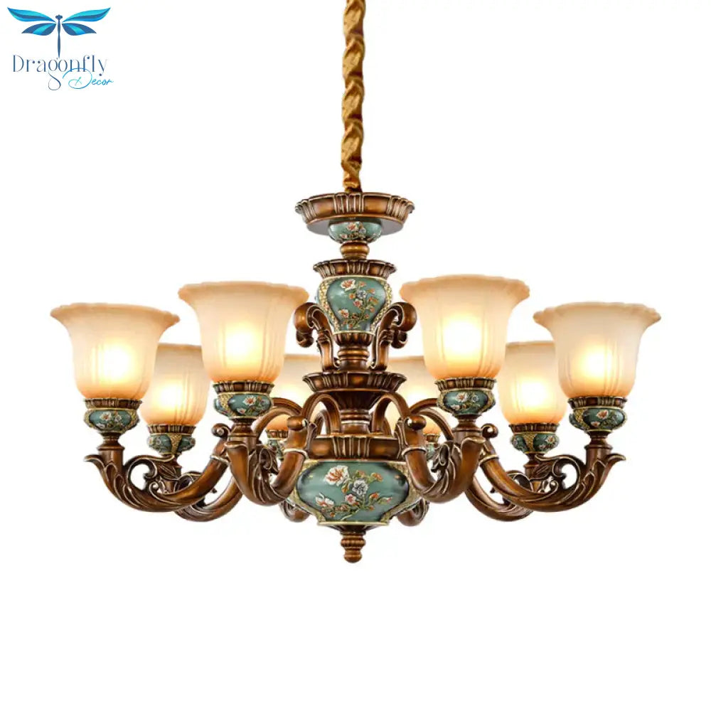 6/8 - Bulb Suspension Pendant Light Antique Style Blossom Shaped Opal Glass Chandelier Fixture In