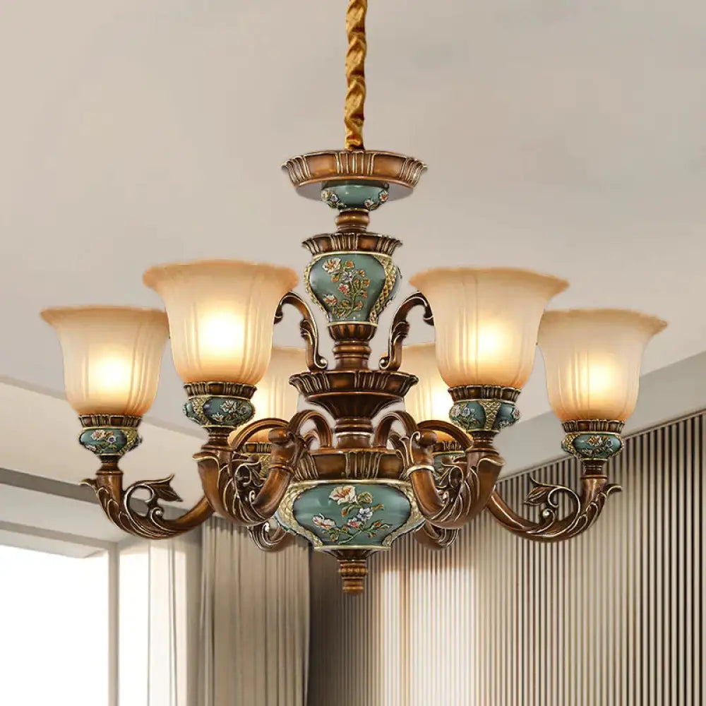 6/8 - Bulb Suspension Pendant Light Antique Style Blossom Shaped Opal Glass Chandelier Fixture In