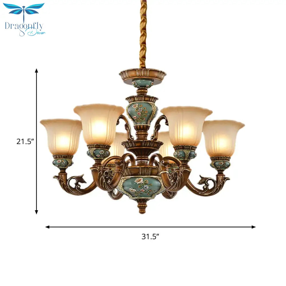 6/8 - Bulb Suspension Pendant Light Antique Style Blossom Shaped Opal Glass Chandelier Fixture In